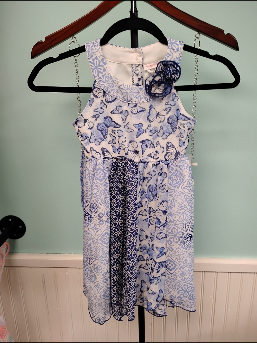 Girls Blue & White Butterfly Print Girls' Dress